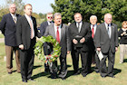 WPA's Steven Varga and Endre Csoman; AHF's Bryan Dawson; Bethlen Home's Rev. Imre Bertalan, Jr.; and Hungarian-American leaders prepare to lay wreath at the Darr Mine Commemoration at Olive Branch Church in Rostraver, PA