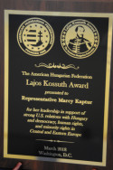 AHF Vice-President Bryan Dawson presented the Lajos Kossuth Award to Congresswoman Marcy Kaptur (D-OH)